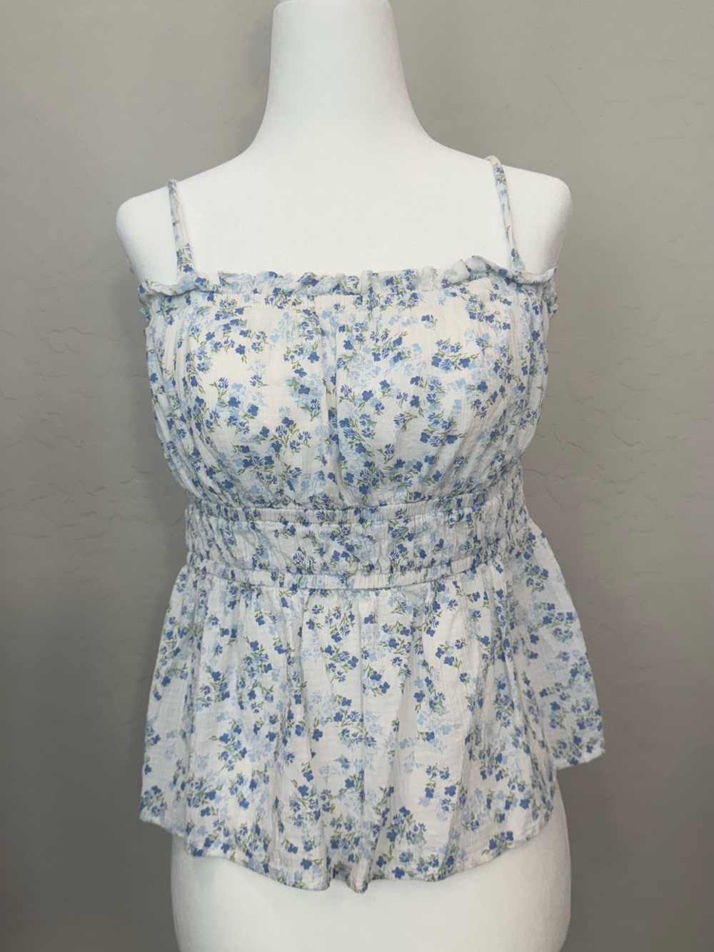 Time and Tru White Spaghetti Strap Floral Camisole with Blue Print